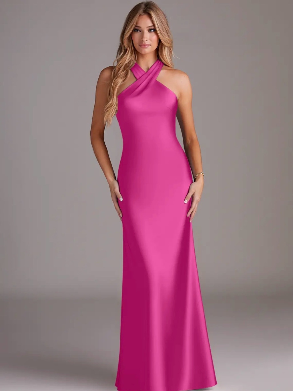 Azazie Cross-Neck Satin Gown In Fuchsia
